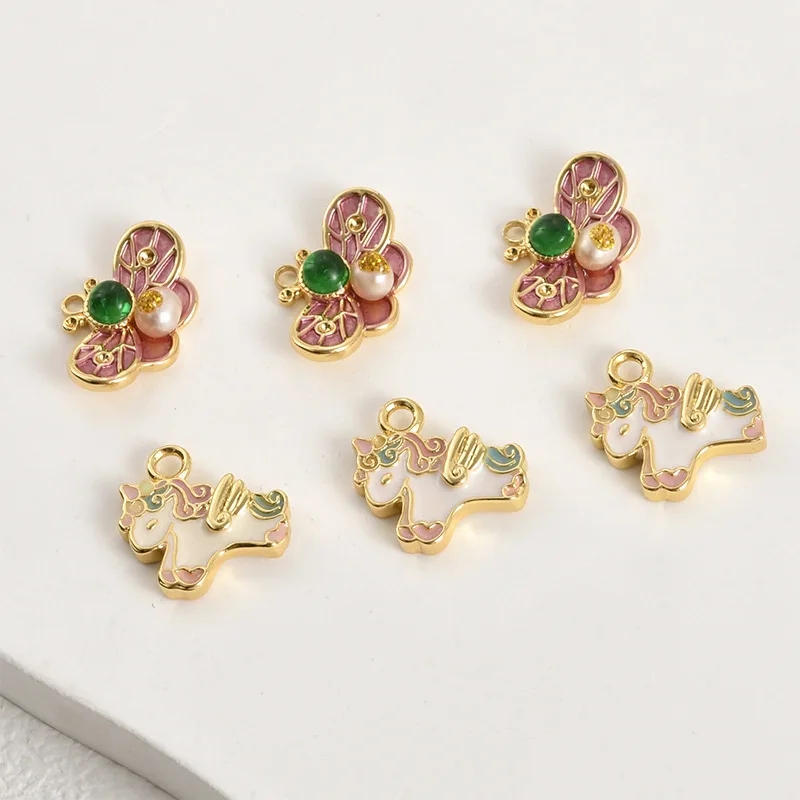Copper-plated 18k Gold Color Pearl Oil Painting Butterfly Little Pegasus Pendant DIY Handmade Bracelet Necklace Accessories