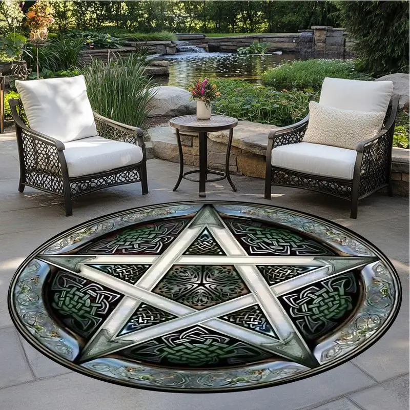 VIKAMA Celtic Knot Pentagram Retro Round Carpet, French Bedroom Light Luxury Floor Mat, Bohemian Style Living Room Rug