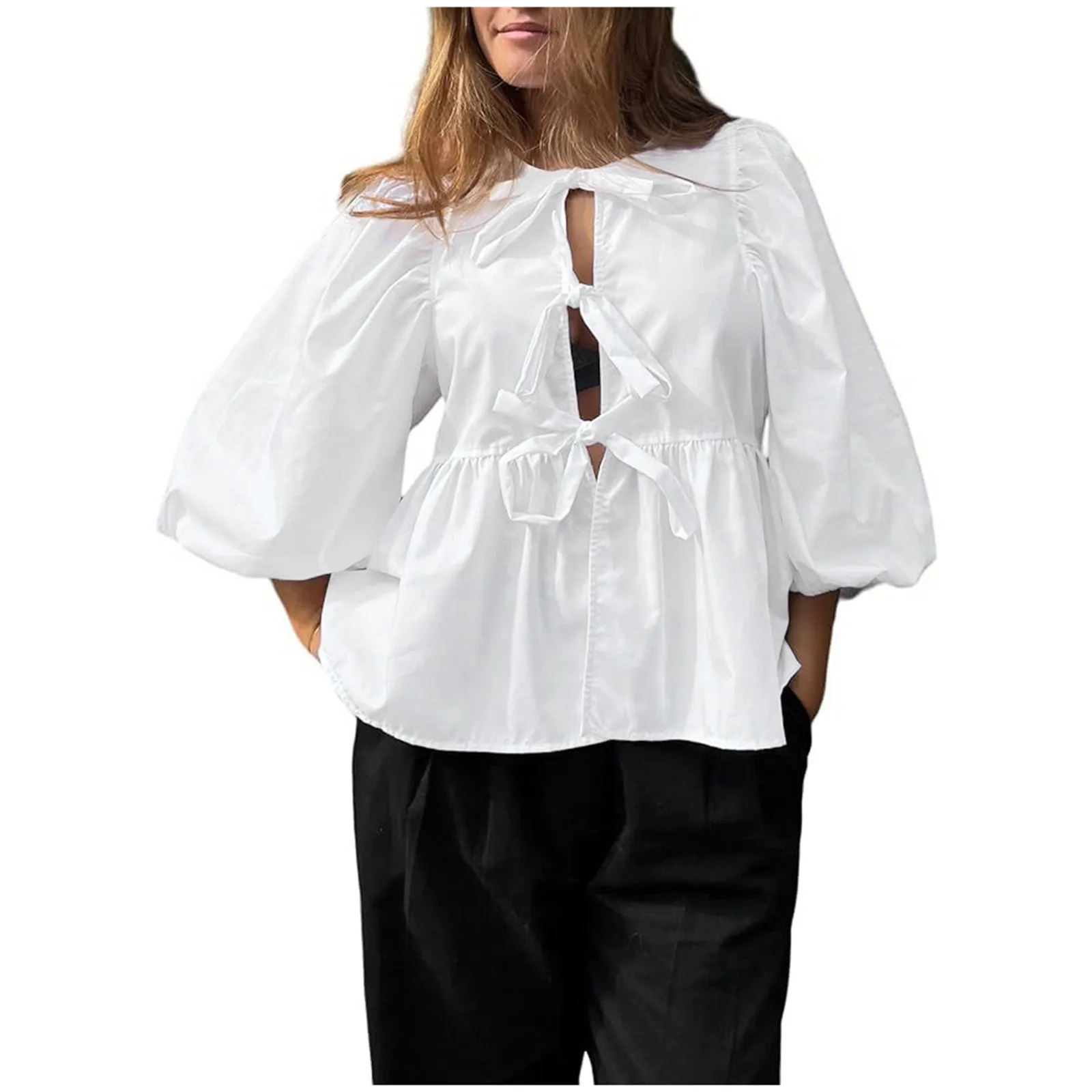 Women Puff Short Sleeve Peplum Shirts Tie Front Ruffle Hem Blouse Tops Teen Girls Lace Up Cute Plus Size Women Blouse For Women