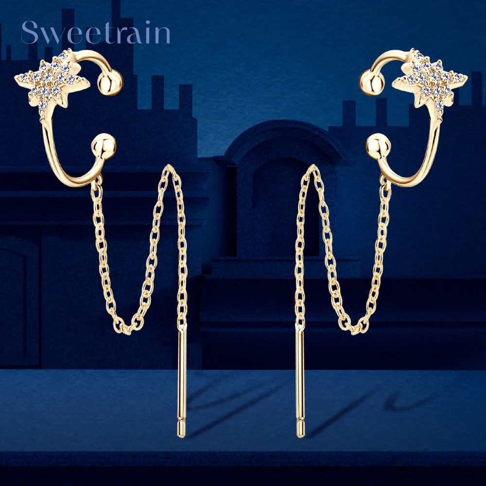 925 Sterling Silver Ear Cuff Earrings Chain for Women Full Moissanite Drop Dangle Ear Stud Star Crawler Wrap Earrings Jewelry