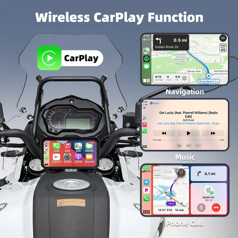 2025년형 오토바이 GPS (6인치 IPS 화면, 무선 CarPlay / Android Auto, BT 5.0, IP67 방수, 5GHz WiFi, 마그네틱 마운트)
