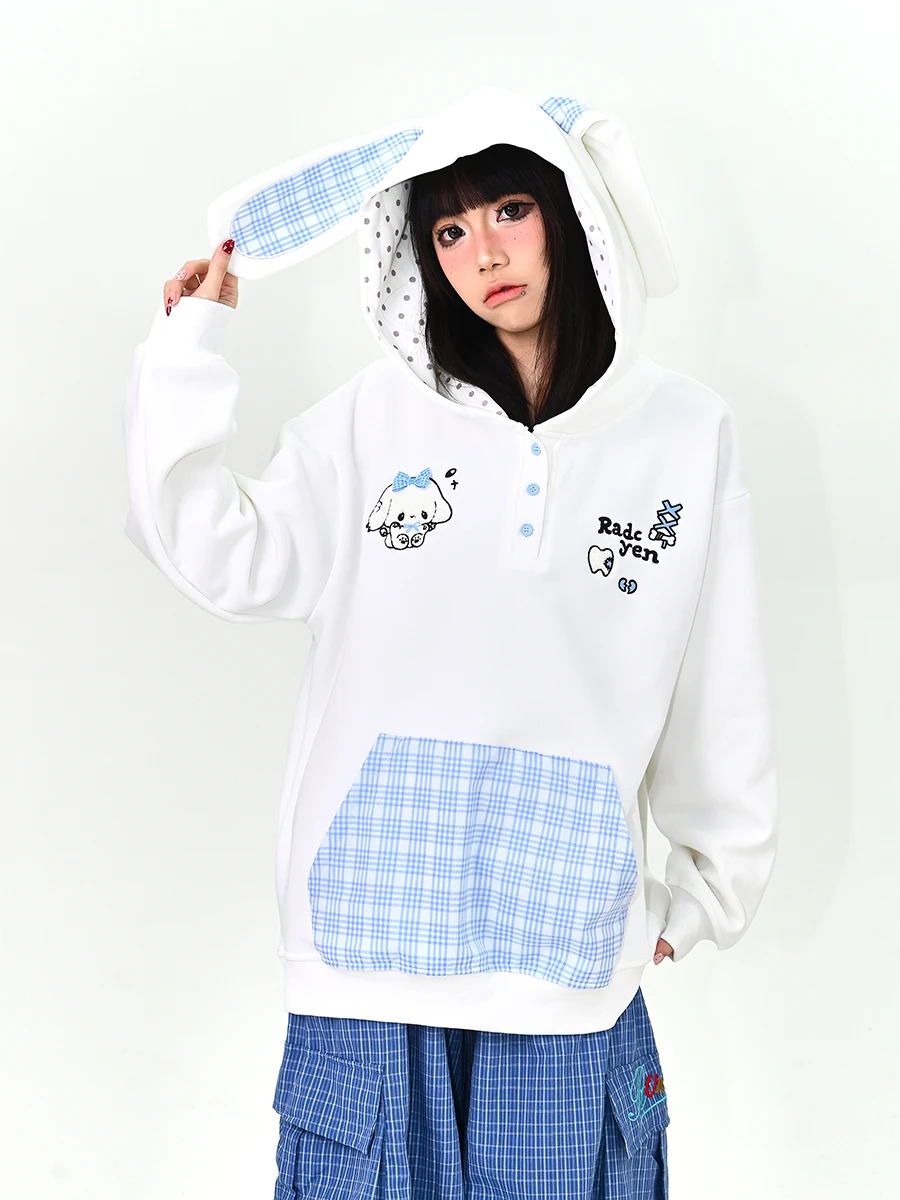 

Весна 2026: Женская свободная толстовка с капюшоном и нашивкой в виде кроличьих ушей, в стиле американского колледжа, удобная верхняя одежда с длинными рукавами