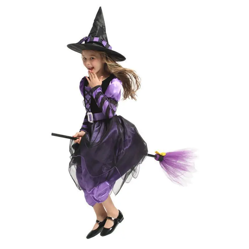 Girls Purple Black Witch Long Dress 2Pcs Costume Set Matching Witch Hat For Halloween Cosplay Trick Or Treat Party