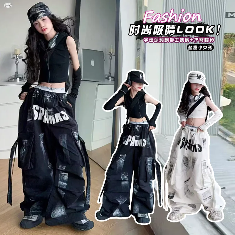 

Girls Clothes Sets Jazz Split sleeve Cotton Tees Top & Loose Alphabet graffiti Trousers Children's Chic Girl Pants 2 Pieces Sets