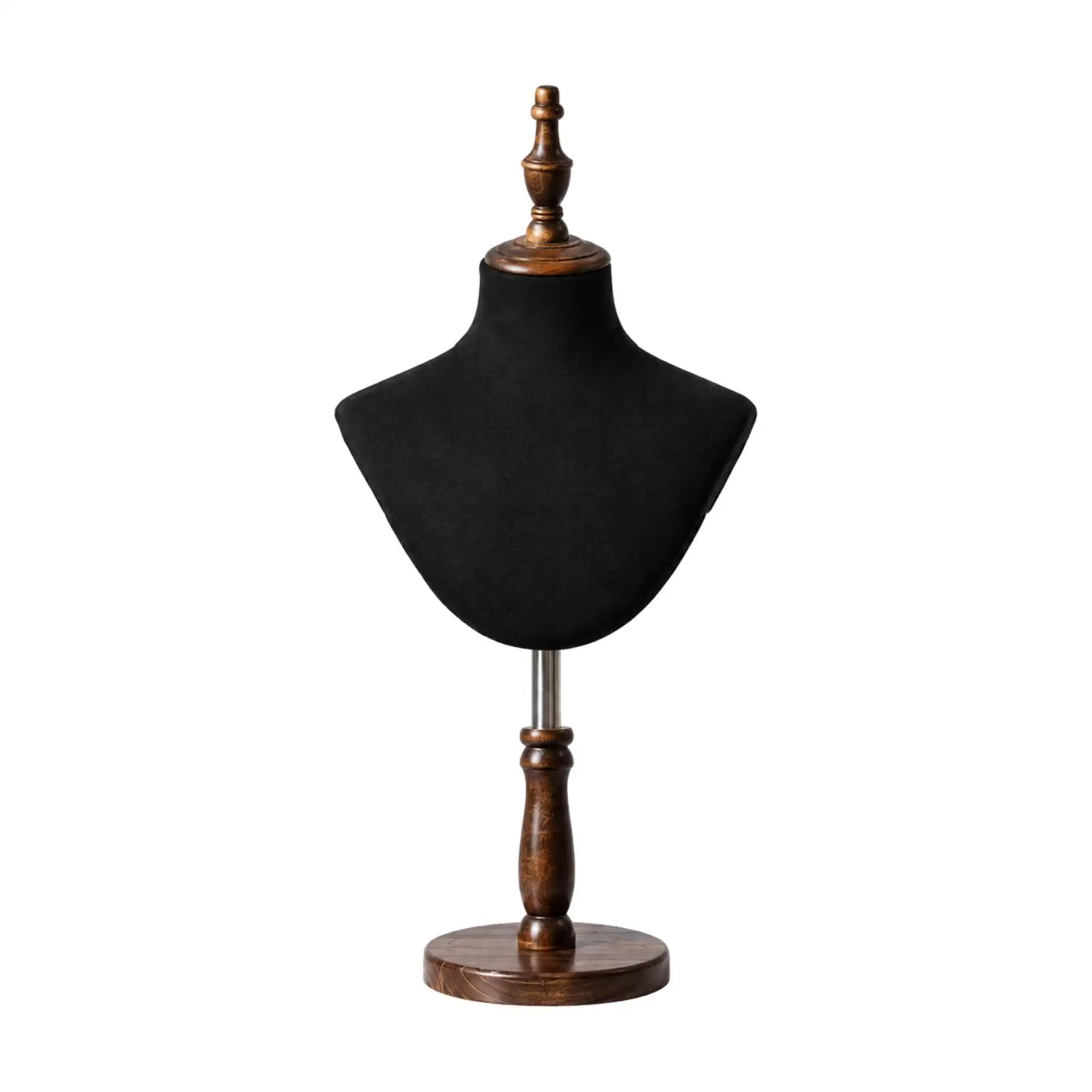 Necklace Bust Display Stand Adjustable Jewelry Holder Linen Covered Chest Form with Round Wood Base for Retail Showcase