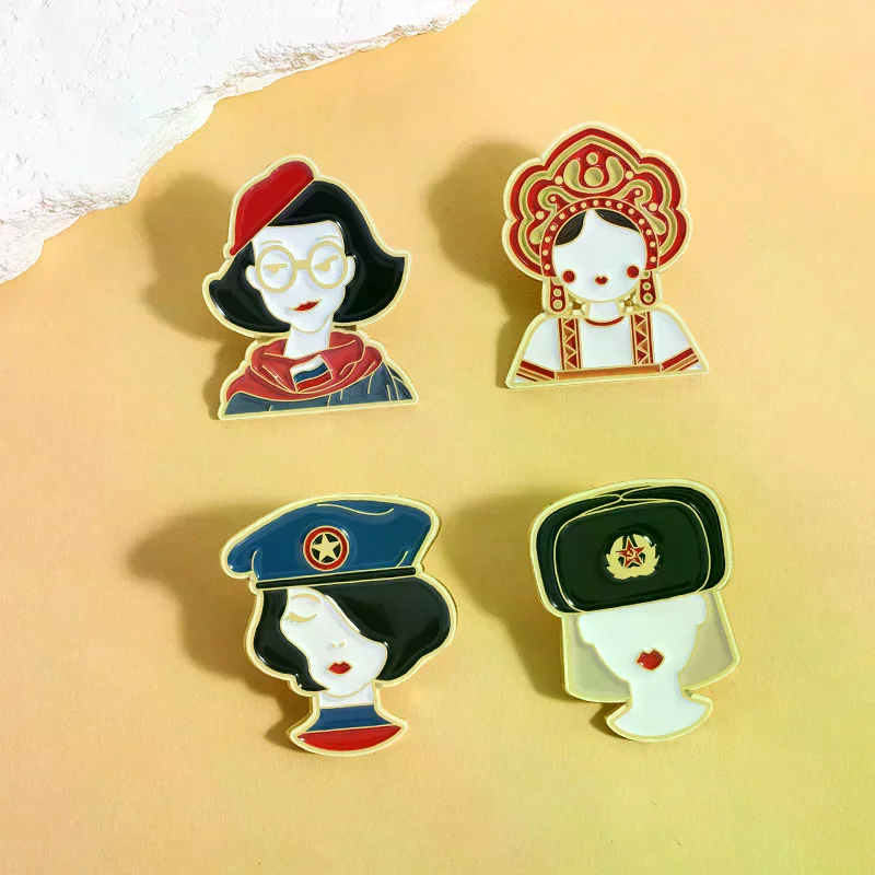 Cartoon Russian Girl National Clothing With Sunglasses Enamel Pin Russian Female Soldiers Avatar Brooch Lapel Badge Jewelry Gift