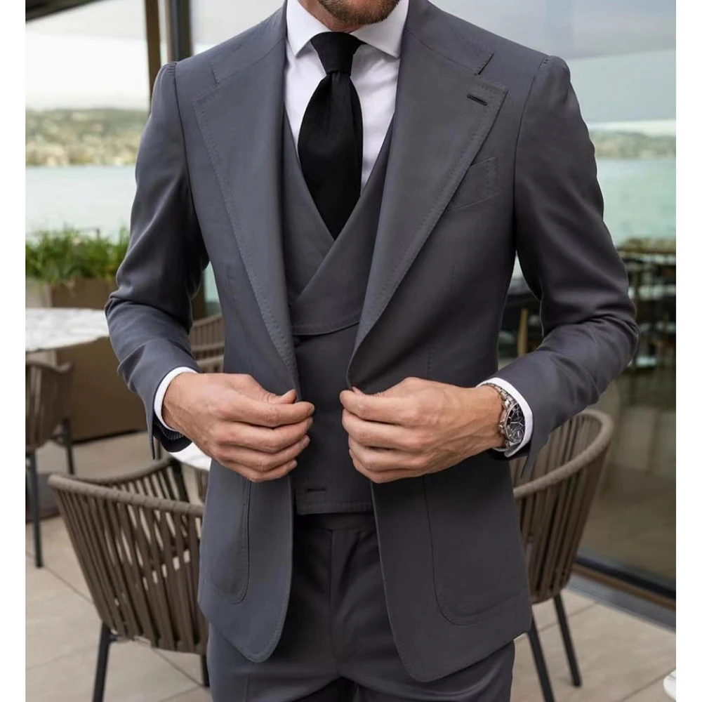 2023 New Arrival Men Wedding Suits Grey Notched Lapel Business Casual Formal Costume Homme Slim Fit 3 Pcs Set Jacket Vest Pants