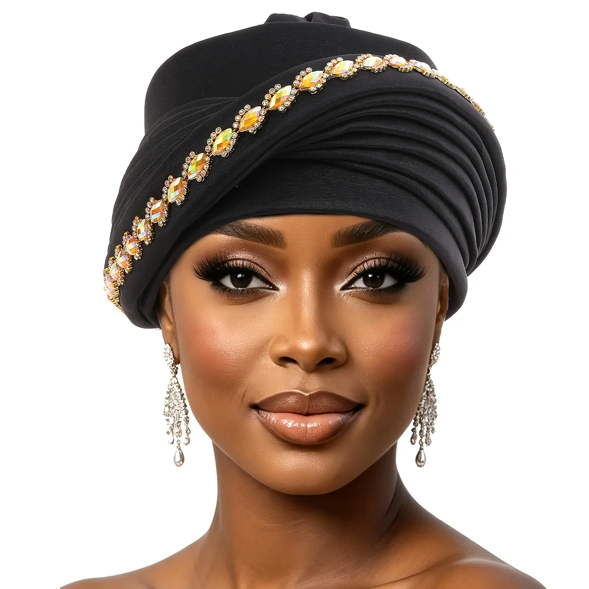 New Style, Luxurious, Elegant, Three-Dimensional Pleated Layered Turban Hat with a Circle of Sparkling Rhinestones, Perfect for Weddings, Dinner Parties, June Festivals, Valentine's Day, and Other Occasions