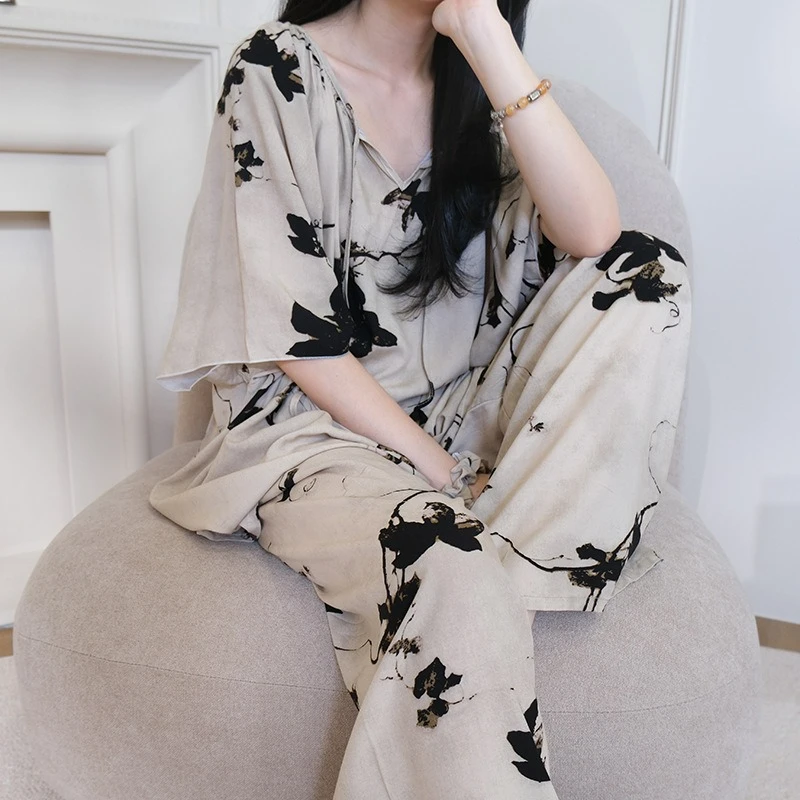 

Новые длинные брюки с пятью рукавами, комплект из искусственного хлопка с внешним принтом, весна 2026, элегантная удобная одежда для сна для женщин