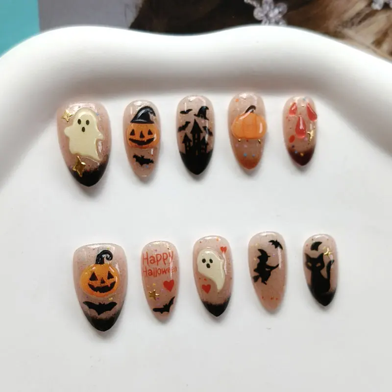 10 Stück 3D Geister-Kürbis Katzenaugen-Kunstnägel mit rauer Textur, Halloween-Nägel, europäische & amerikanische Nagelaufkleber, künstliche Nägel – Detail 5