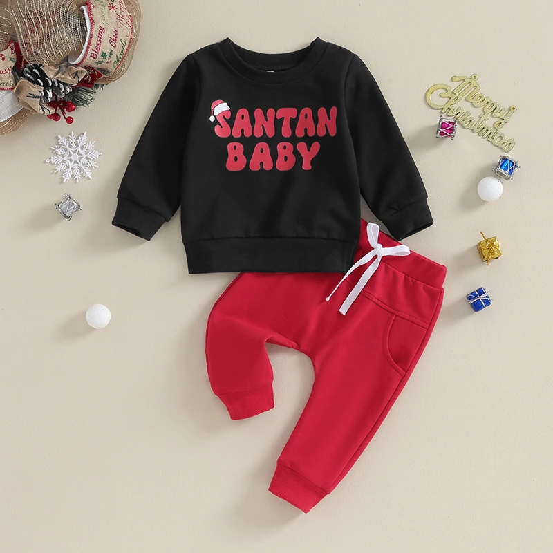 

Toddler Baby Boy Christmas Outfits Santa Letter Print Long Sleeve Pullover Sweatshirt Pants Xmas Clothes Set