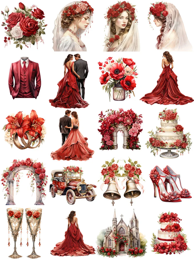 Red Wedding Bride Series Stickers Materials DIY Scrapbooking Planner Collage Junk Journal Decor Stickers