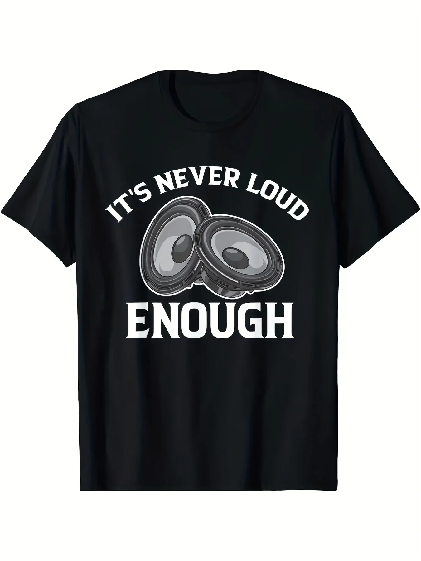 Men's Limited Edition Vintage Car Audio Pattern T-Shirt - "Never Loud Enough" Speaker Design, Soft Short-Sleeve T-Shirt, Suitable for Music Lovers, Fitness, and Outdoor Activities, Casual Wear for All Seasons, Features Soundwave and Bass Enhancement Slogans, Ideal Gift for Dj and Car Audio Enthusiasts