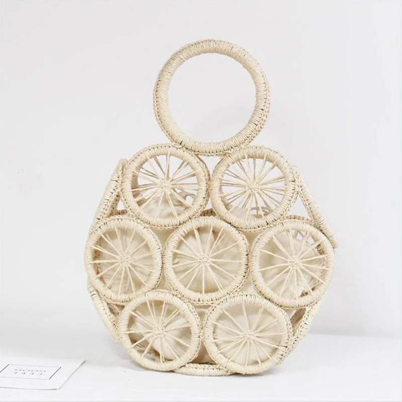 traw Woven Handbag Round Top-handle Handwoven Bags Retro Summer Beach Bag