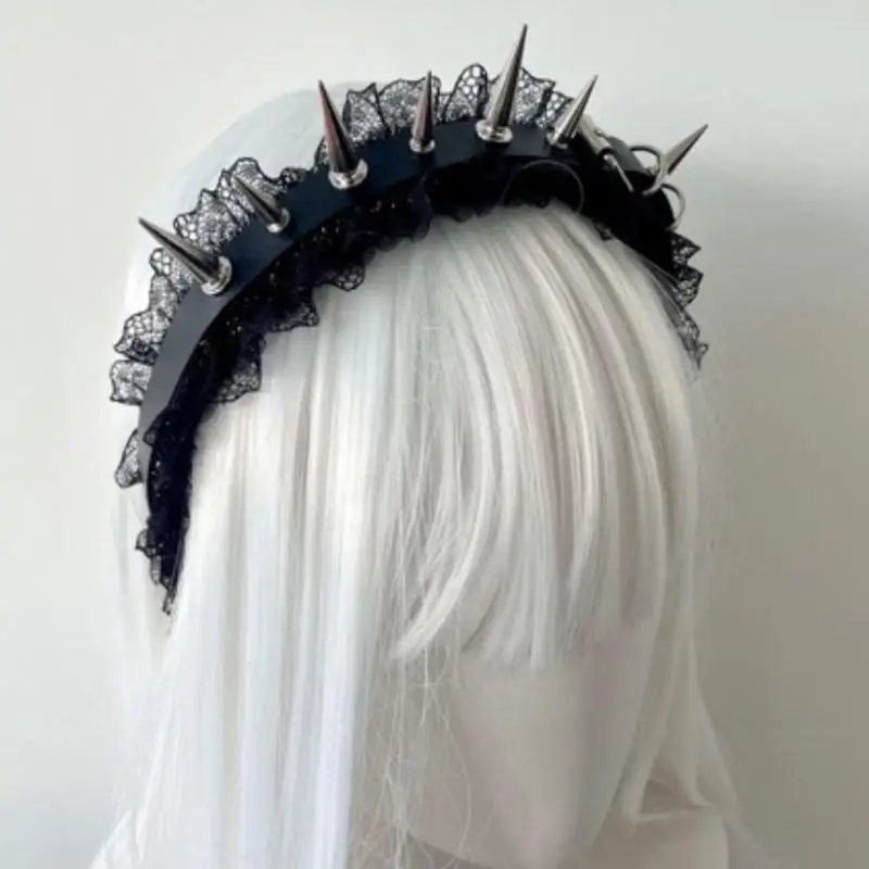 Gothic Punk Haarband für Mädchen Spitze Nieten Kopfschmuck Cosplay Kostüm Themenveranstaltungen Club-Auftritte – Detail 1