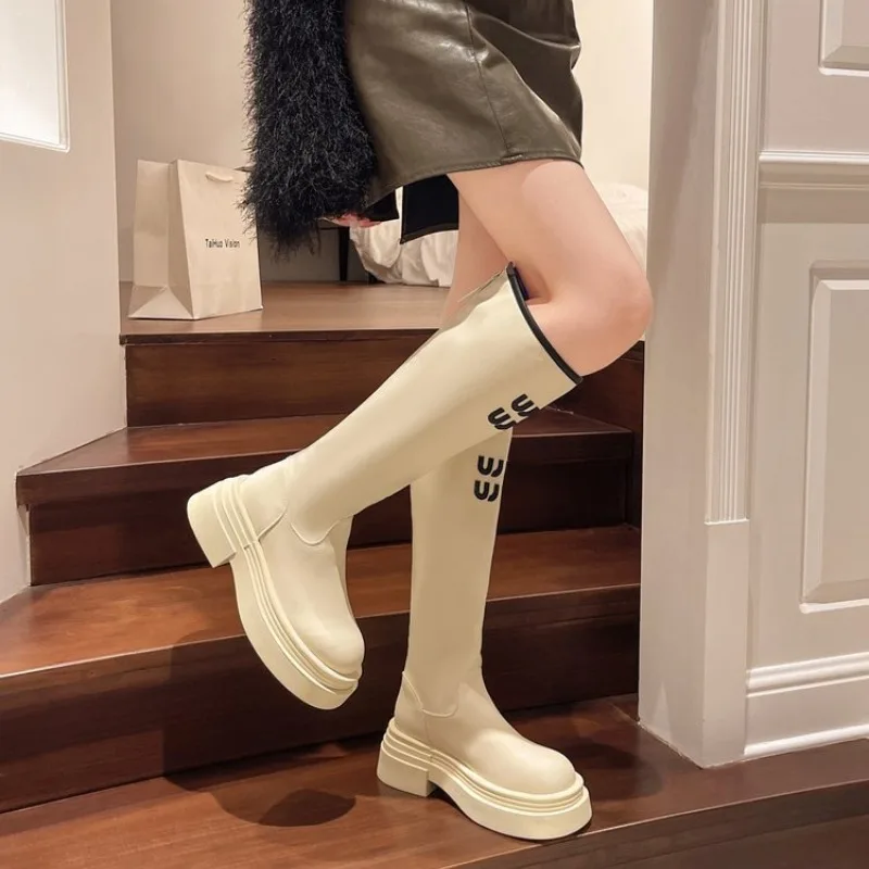 Women\'s Autumn New Simple Solid Color Thick Bottom Heightening Fashion Boots Luxury Metal  Zipper Designer Banquet Women\'s Boots