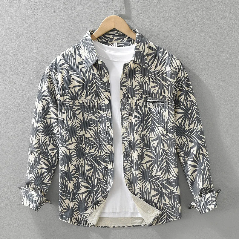 

Pure Cotton Long Sve Men's irt Casual Print Design Spring Autumn Bamboo Le Pattern Vintage Loose Fit Faionable Jaet