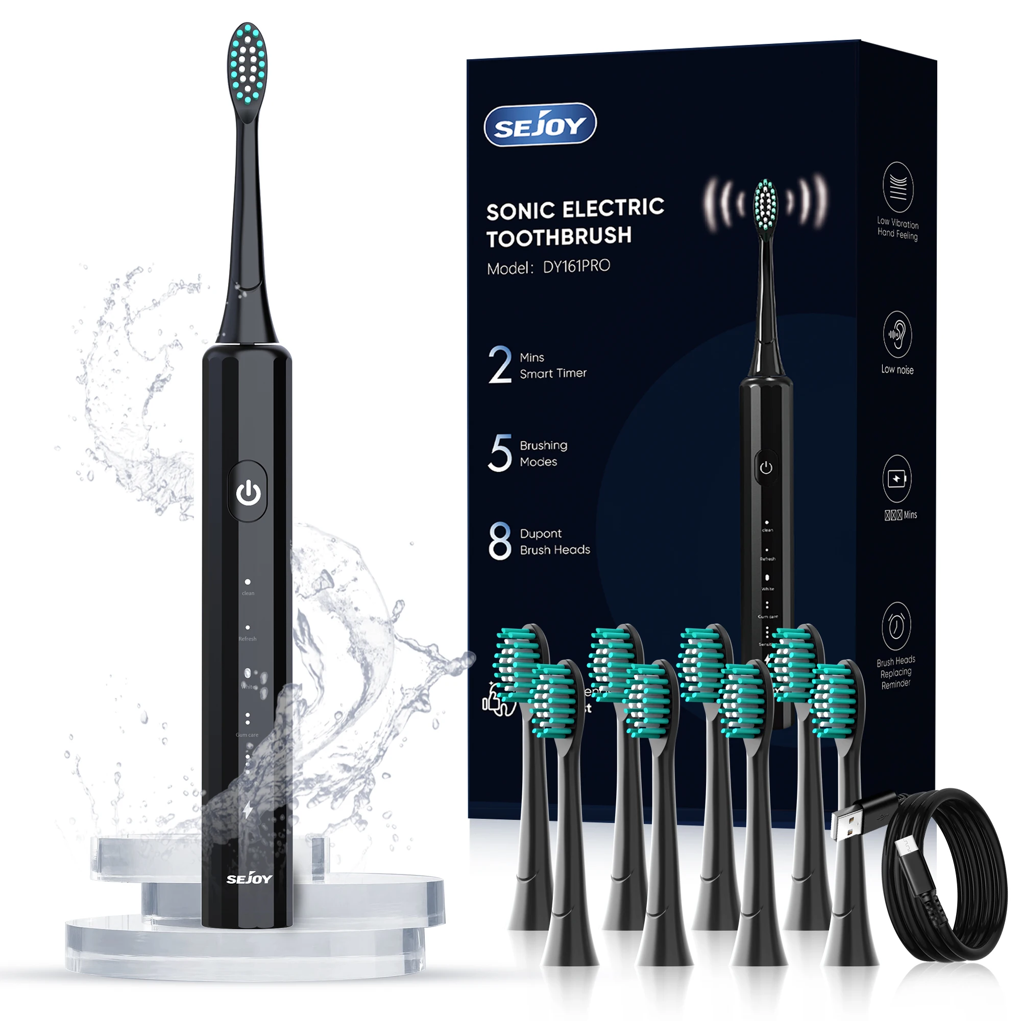 Electric Toothbrush Rechargeable With 8PCS Replacement Head Smart Timing Tooth Brush 5 Modes Teeth Clean Whitening Sonic Toothb