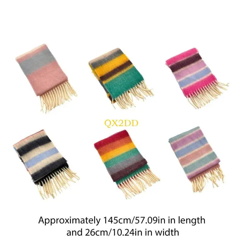 QX2D Khăn quàng cổ sọc cầu vồng đầy màu sắc cho trẻ Soft Faux Cashmere Fringe Máy giữ ấm cổ trẻ