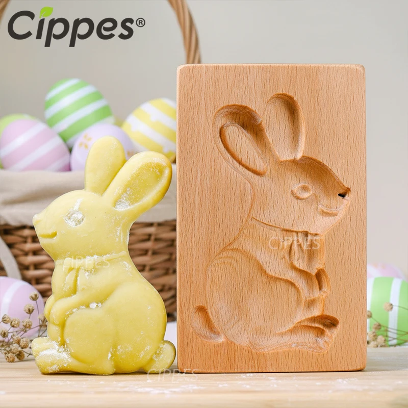 Easter Bunny & Egg Wooden Cookie Molds, 3D Embossed Beech Wood Cookie Stamp Press, DIY Baking Mold for Fondant, Springerle