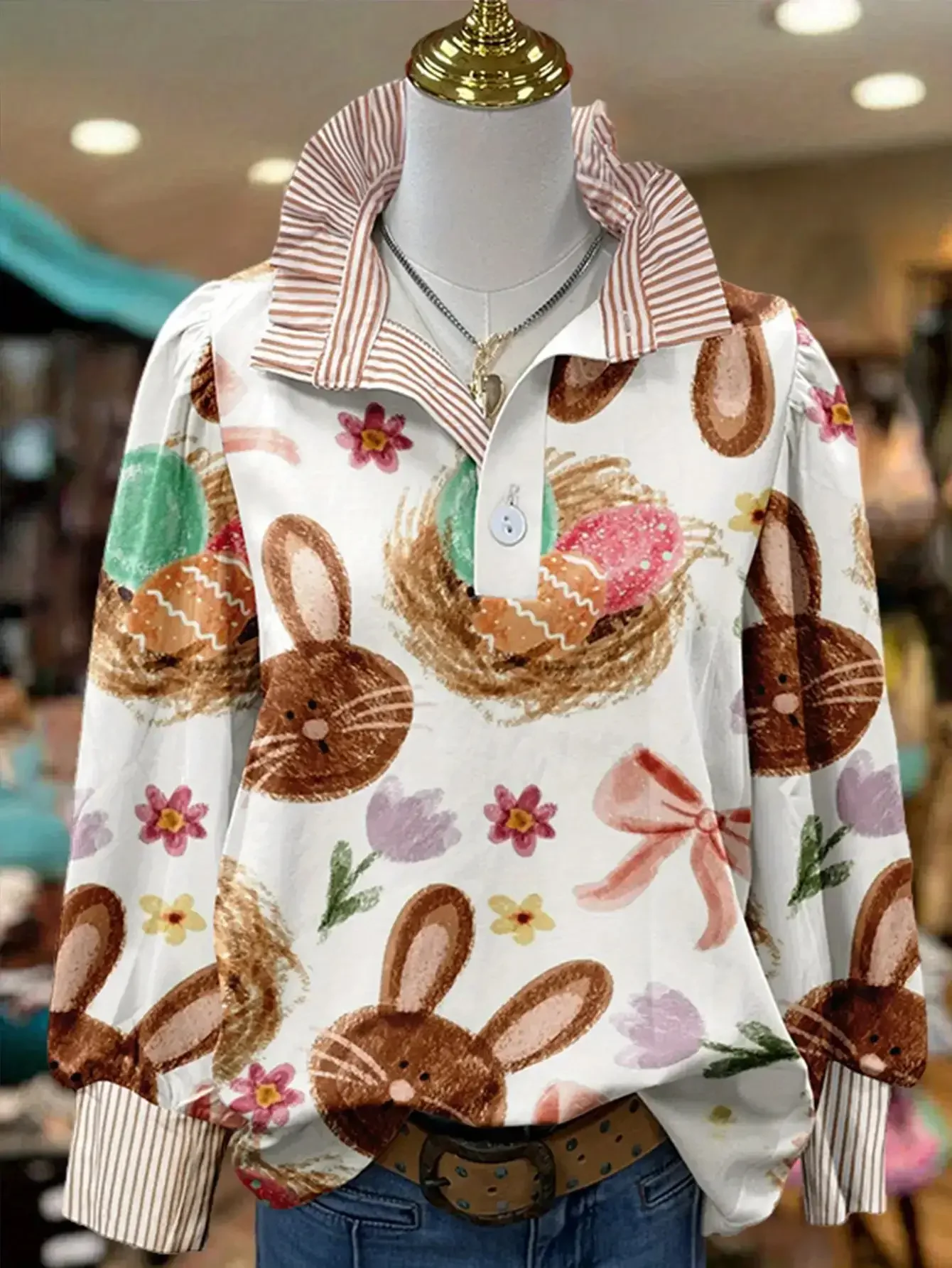 

New Christmas Women's Spring and Autumn Winter Women's Stand up Collar Versatile Fashion Long Sleeve Rabbit Pattern Shirt