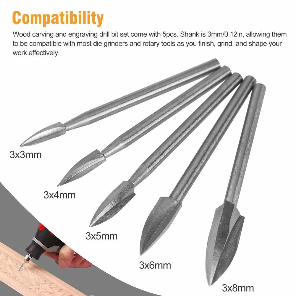 Madeira Carving Drill Bit Set, Gravura HSS, Carboneto sólido, Fresagem Raiz, Grinder Burr, Preciso, Carpintaria, Carve Tools, 5Pcs