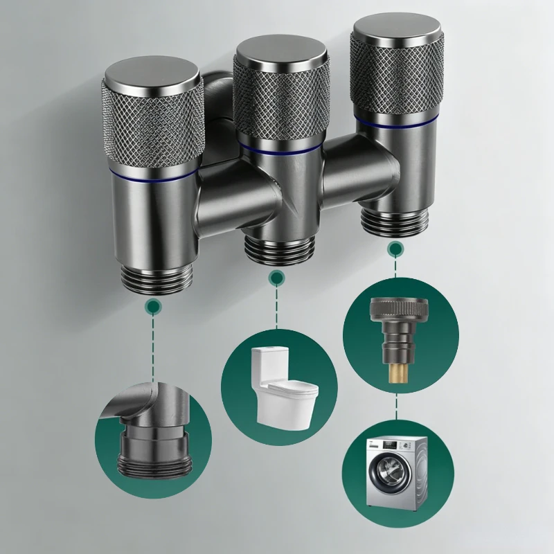 Universal 1/2 Thread One Into Three Out Faucet Kitchen Copper Material Inlet Valve Fitting Valve Toilet Bathroom Fittings