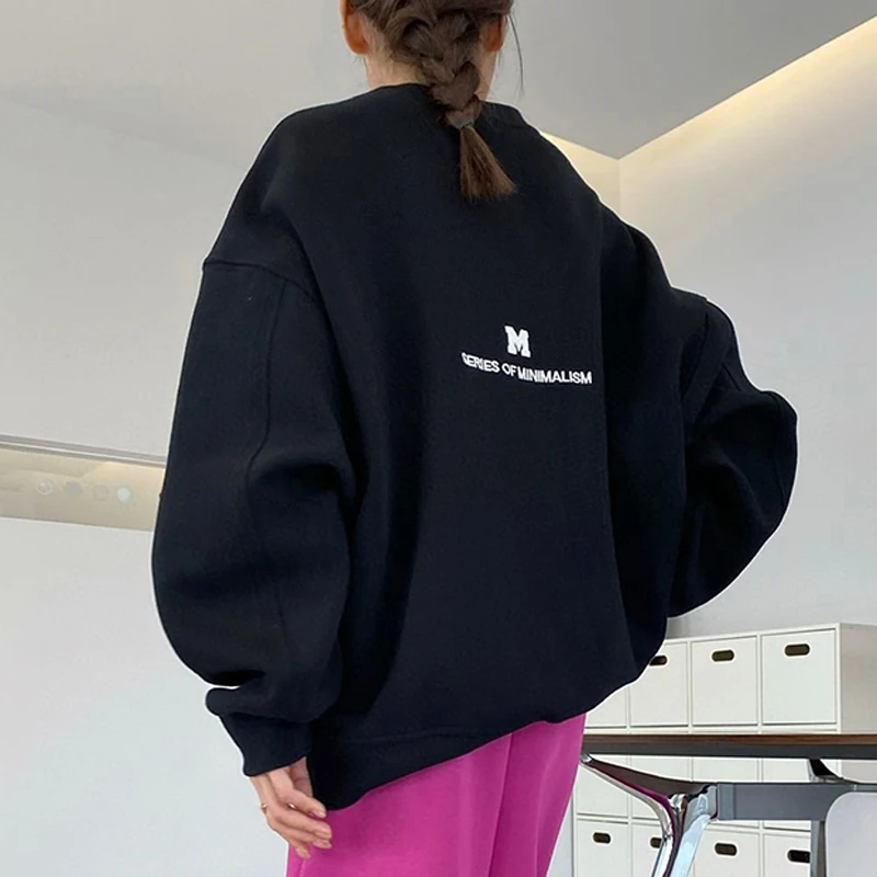 Women Oversized Sweatshirt Autumn Winter Warm Girls Loose Sports Sweatshirts Letter Solid Color Long Sleeve Casual Hoodies