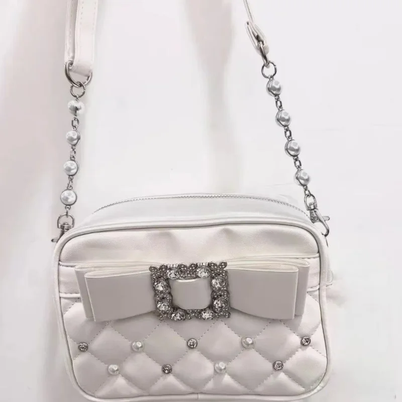 

Luxury Rhinestone Diamond Pattern Sweet Square Bag Women Bow & Pearl Evening Clutch Purse With Long Shoulder Strap Crossbody Bag