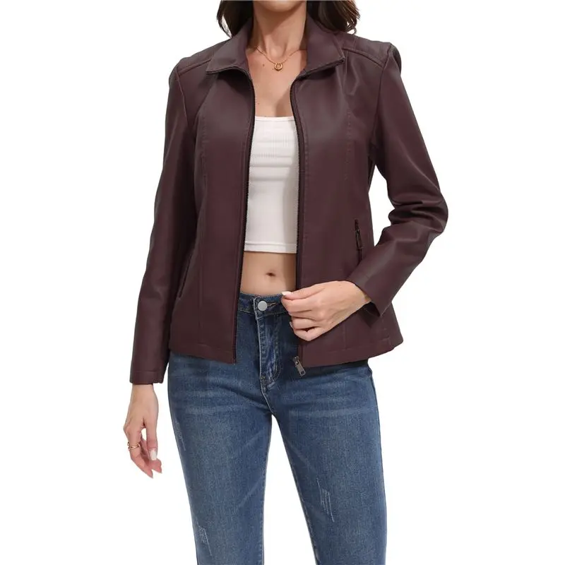 

CYL-Faux Leather Jacket For Women Motorcycle Fashion Zip Up Coat Trendy Going Out Jackets