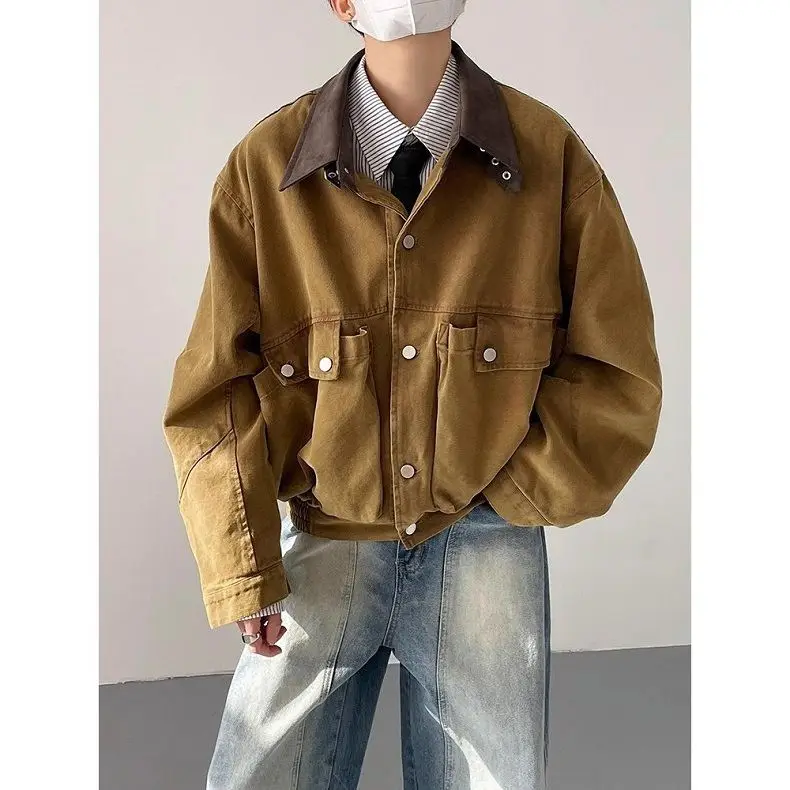 2025 New Leather Collar Patchwork Utility Jacket Unisex Loose Casual Large Pocket Retro Design Sense Top