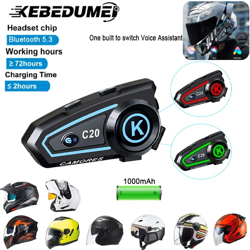 kebidumei Motorcycle Helmet Headset Stereo Bluetooth Hands Free Call IPX7 Waterproof 1000mAh With Tri-Color Ambient Light