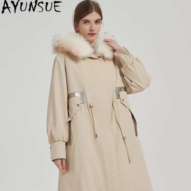 

AYUNSUE Rex Пальто из меха кролика 2024, парка из натурального меха, женская зимняя одежда, воротник из меха енота, женские пальто средней длины Пальто Женское