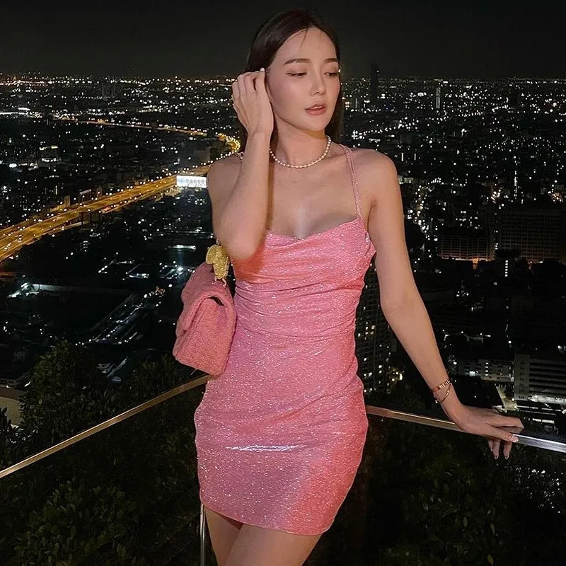 

Summer Outfit Glitter Cowl-Neck Lace Up Sequins Dress Y2K Clubwear Sexy Backless Bodycon Strape Mini Dress Party Clothes Vestido