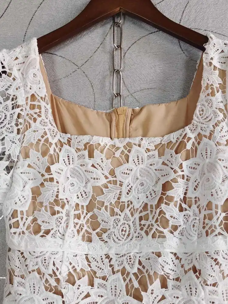 Summer Sundress Holiday Beige White Lace Prom Dresses donna manica corta colletto quadrato ganci per cintura Flower Ruffles Cake Vestidos