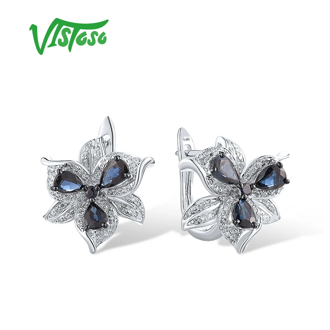 VISTOSO 14K 585 White Gold Earrings For Women Sparkling Blue Sapphire Diamond Trendy Flower Wedding Gifts Fine Jewelry