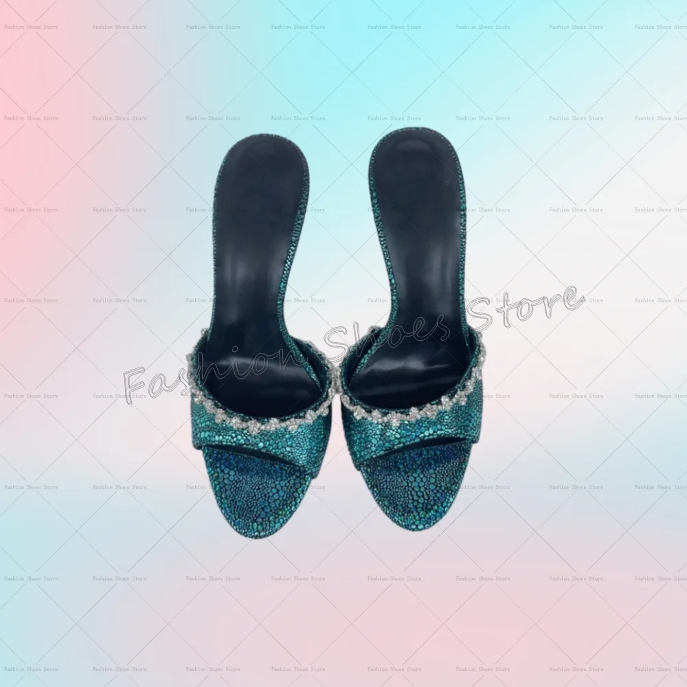 

Green Round Toe Crystal Slippers Matte Leather Shoes for Women Thin High Heels Fashionable Dinner Party 2025 Zapatos Para Mujere