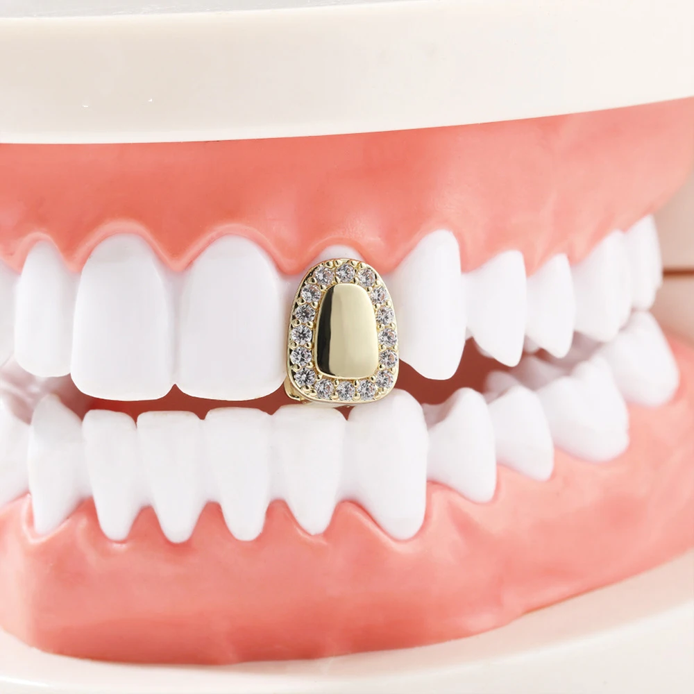 European and American micro inlaid zircon hip-hop braces with exaggerated personality, single denture gold teeth accessories