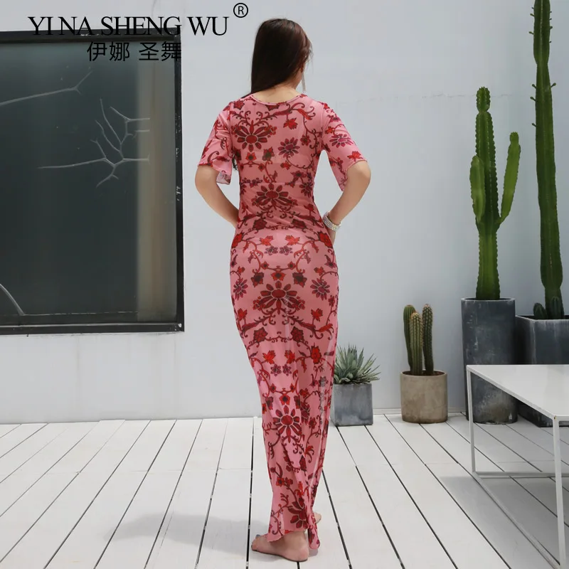 Costume de brevdu Ventre Professionnel pour Femme, Longue Robe Fendue à Fleurs Florales, Vêtements de Performance