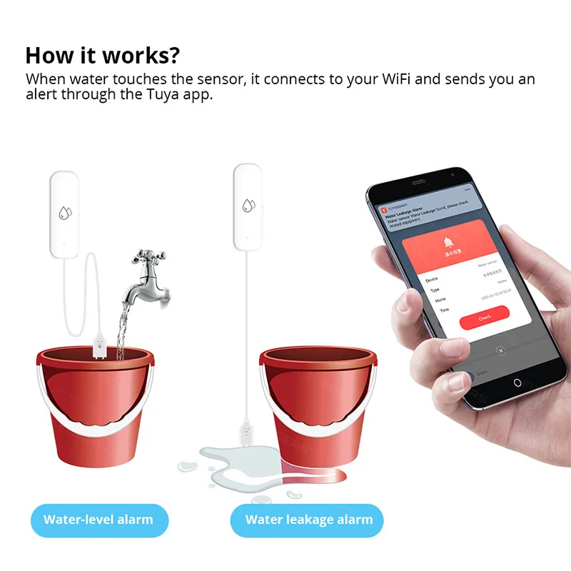 Tuya WiFi Water Leakage Sensor, Alarme de vazamento de água da inundação, Smart Life App, Smart Home Automation