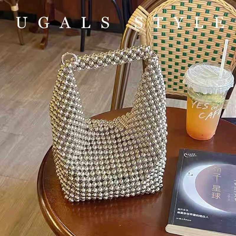 

Shiny Silver Beads Beading Woven Handmade Hobo Bag Hollow Out Fashion Handbag Women Shoulder Bag Lady Purse Female Casual Bag