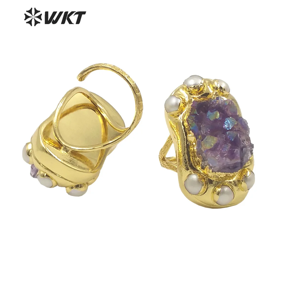 WT-R502 Fashion Women 18K Real Gold Plated Long shape Natural Aura Druzy Amethyst Stone Ring With Freshwater Pearl Charms Around