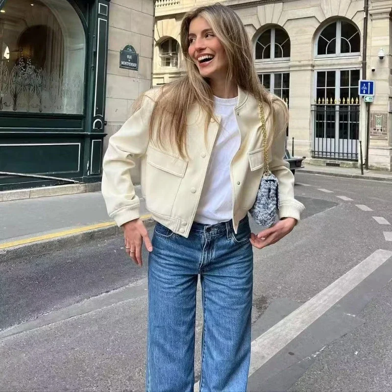 Button Baseball Cropped Jackets Woman's Elegant Solid Large Pockets Splicing Long Sleeves Loose Coat Autumn Winter New