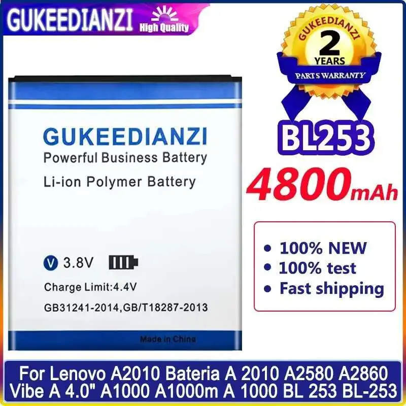 

Long-Lasting 4800mAh Mobile Phone Battery for Lenovo A2010 A2580 A2860/Vibe A 4.0" A1000 A1000m, Model BL253