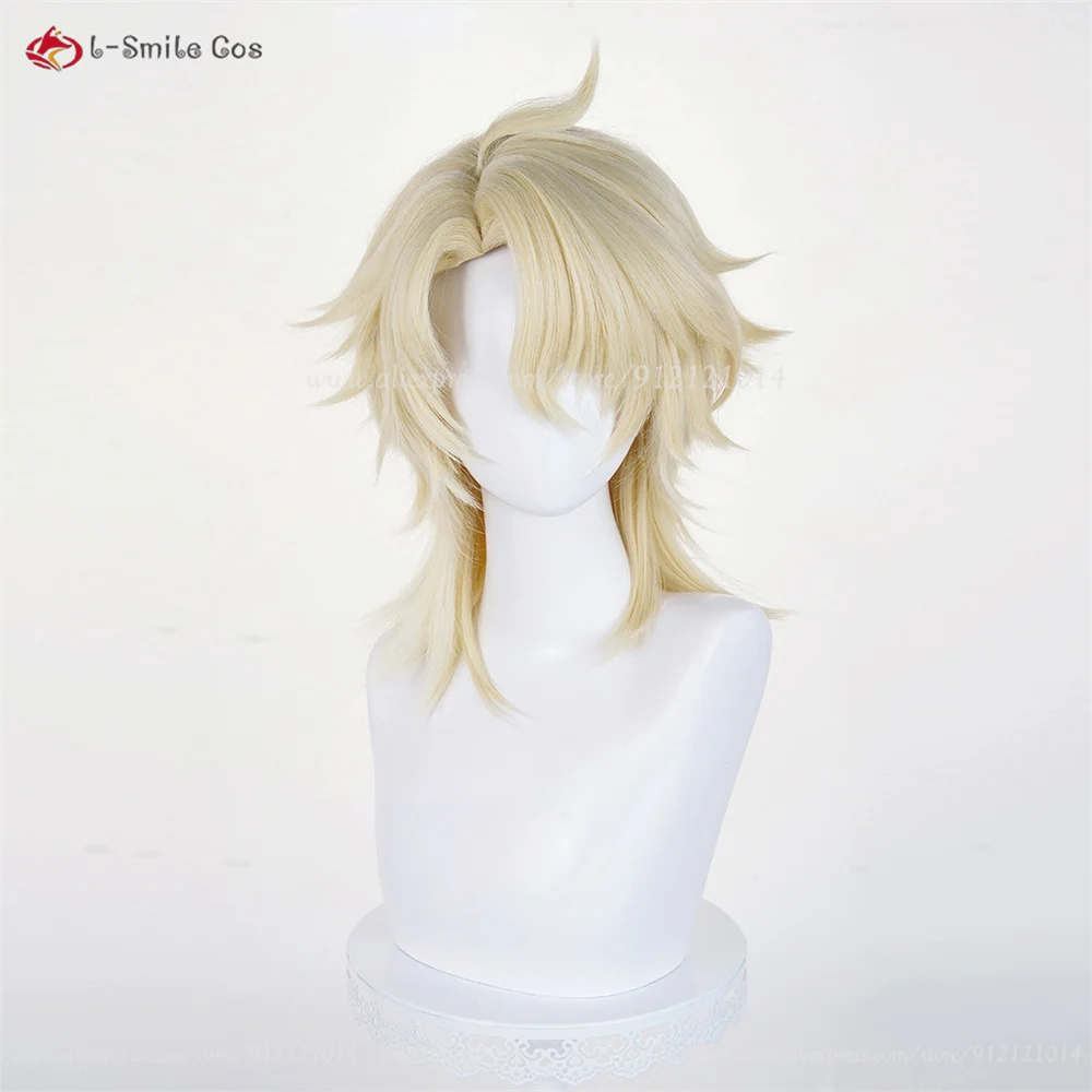Varka Cosplay perruques 35 cm perruques dorées claires pour hommes Cosplay Anime perruque résistant à la chaleur cheveux synthétiques Halloween + bonnet de perruque