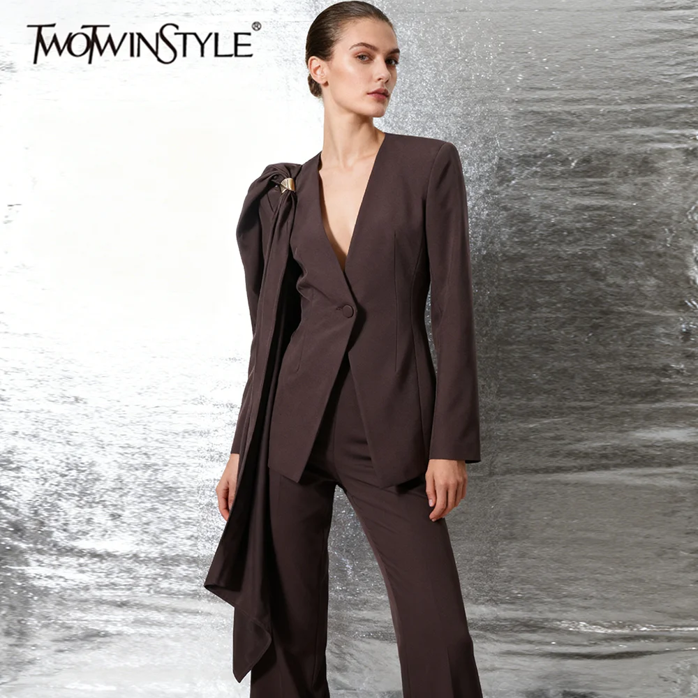 TWOTWINSTYLE Solid Slimming Spliced Ribbon Elegant Blazers for Women V Neck Long Sleeves Patchwork Sequined Basics Blazer Female
