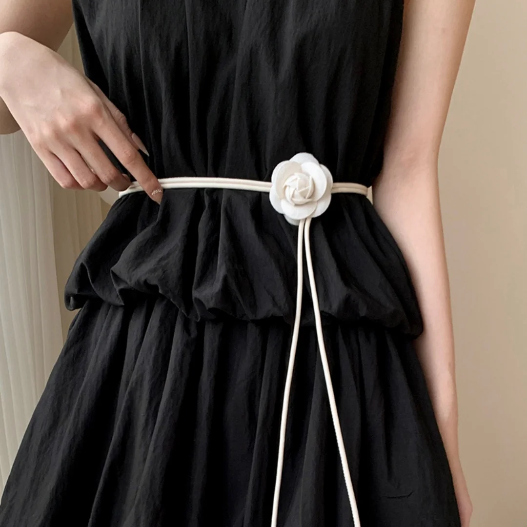 Floral Rose Thin Drawstring Waist Belt Adjustable Flower Decor Rope Strap Elegant Accessory For Summer Casual Dresses