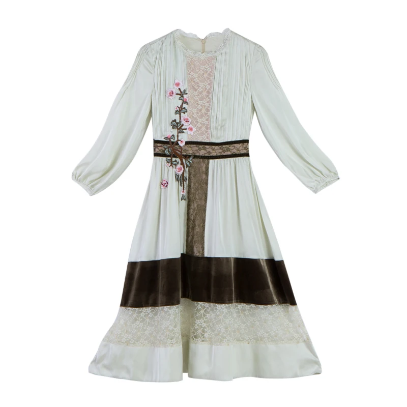 Robes longues en dentelle brodée pour femmes, col rond, manches longues, velours, satin, mince, vintage, buste, printemps, automne, 84-92cm