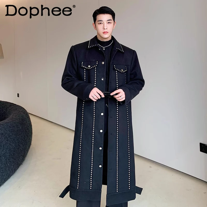 

2025 Men's Autumn Winter New Rivet Trench Coats Men's Medium Long Fashion Lapel Coat Male Loose Over Knee Handsome Chic Trench