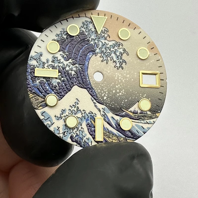 Kanagawa-esfera de reloj de onda de 28,5mm para piezas de reloj Seiko, NH35, NH36, 4R, 6R, 7S, movimiento, accesorios de reloj luminosos azules